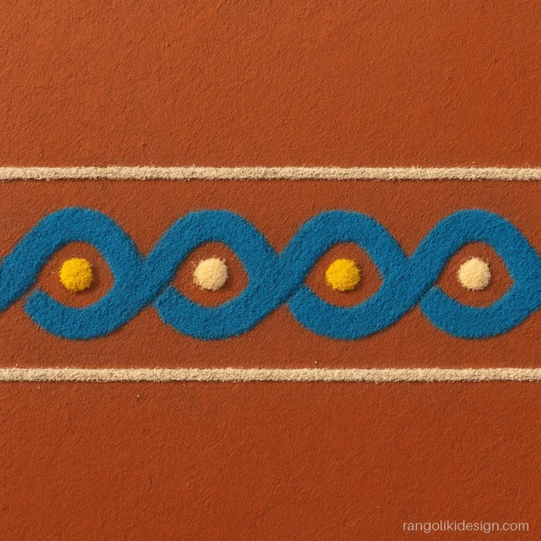 Simple border rangoli design with a blue wave and white dots at the door