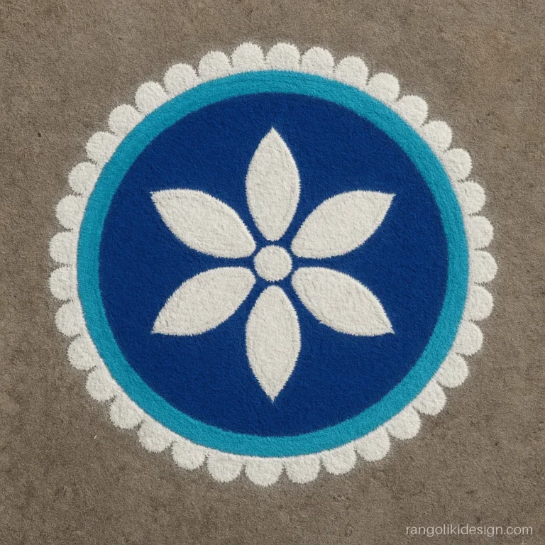 Simple blue rangoli designs with a white six-petal mandala