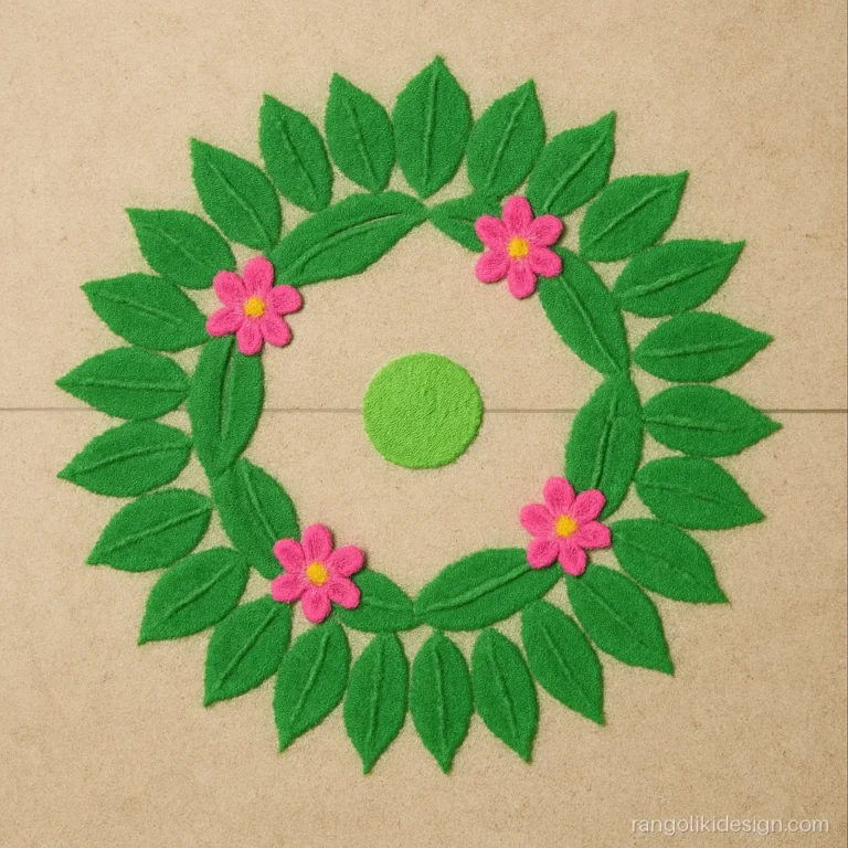Simple green rangoli design with pink flowers on a leaf ring