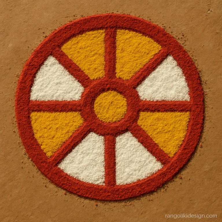 Simple rangoli in haldi and kumkum with an eight-spoke chakra