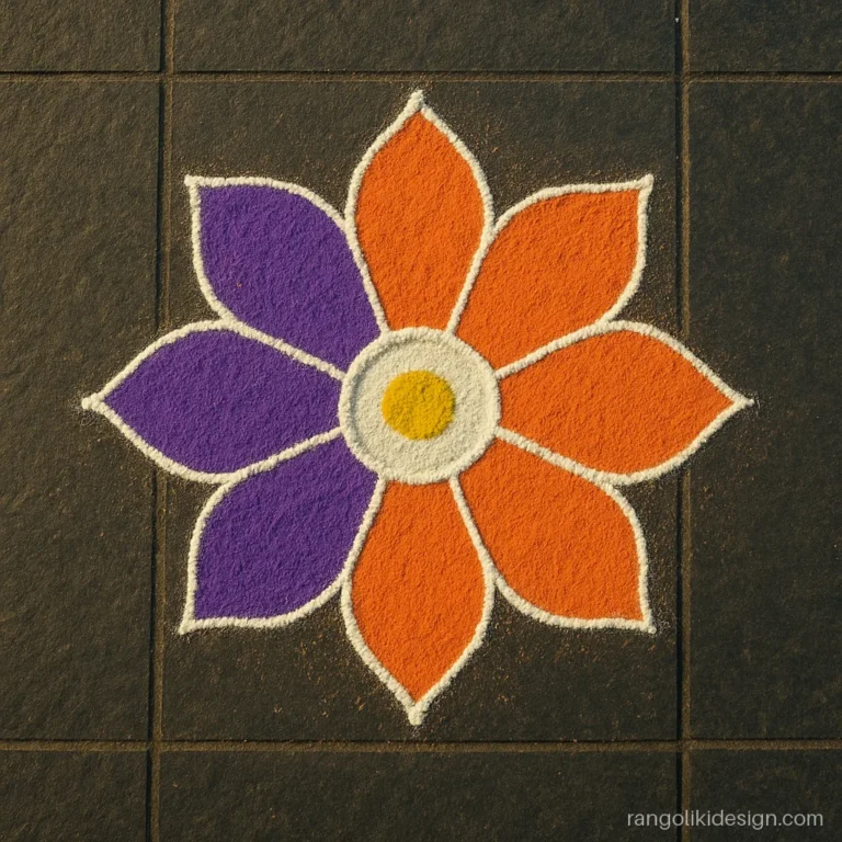 Simple rangoli design with purple and orange halves of a flower