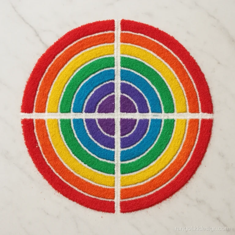 Simple rangoli with colours in rainbow quarter circles