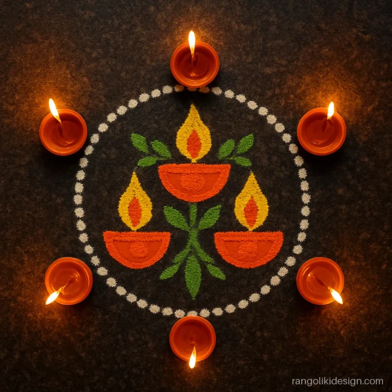 Simple rangoli for Diwali with three diyas inside a circle