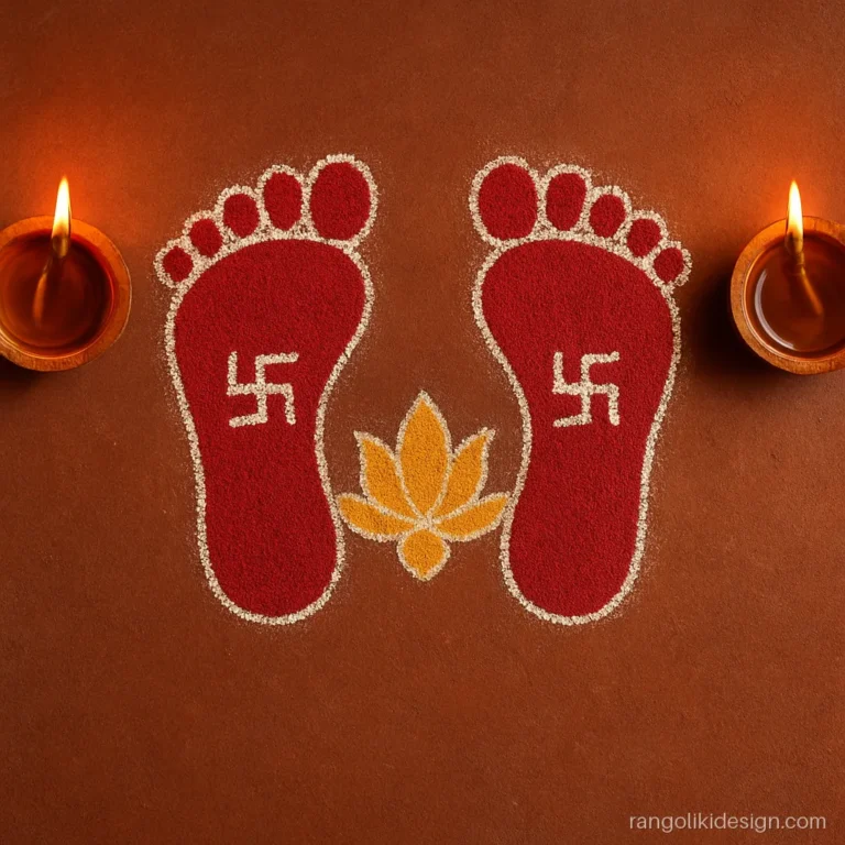 Simple Diwali rangoli with Laxmi charan footprints pointing into the home