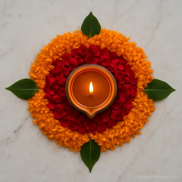 Simple Diwali rangoli of marigold petals around a single big diya