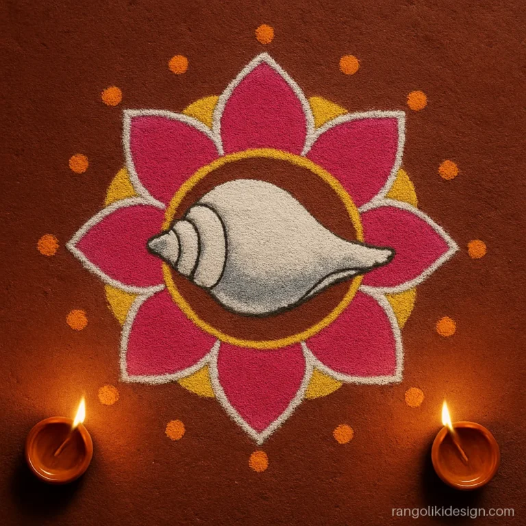 Simple rangoli for Diwali with a conch and a pink lotus