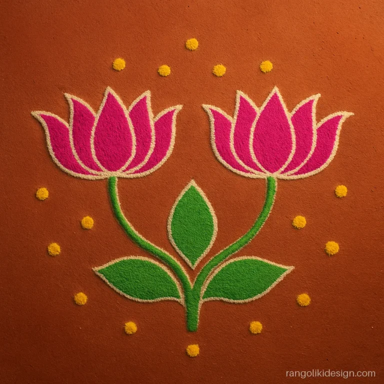 Simple dots rangoli with two lotus buds on an 11 by 6 grid