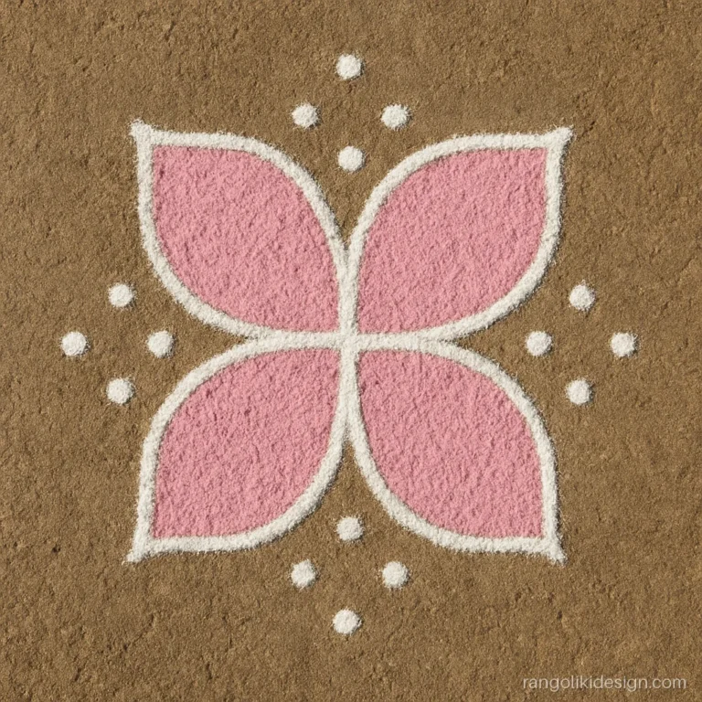 Simple rangoli design with dots on a 5 by 3 grid making a small flower
