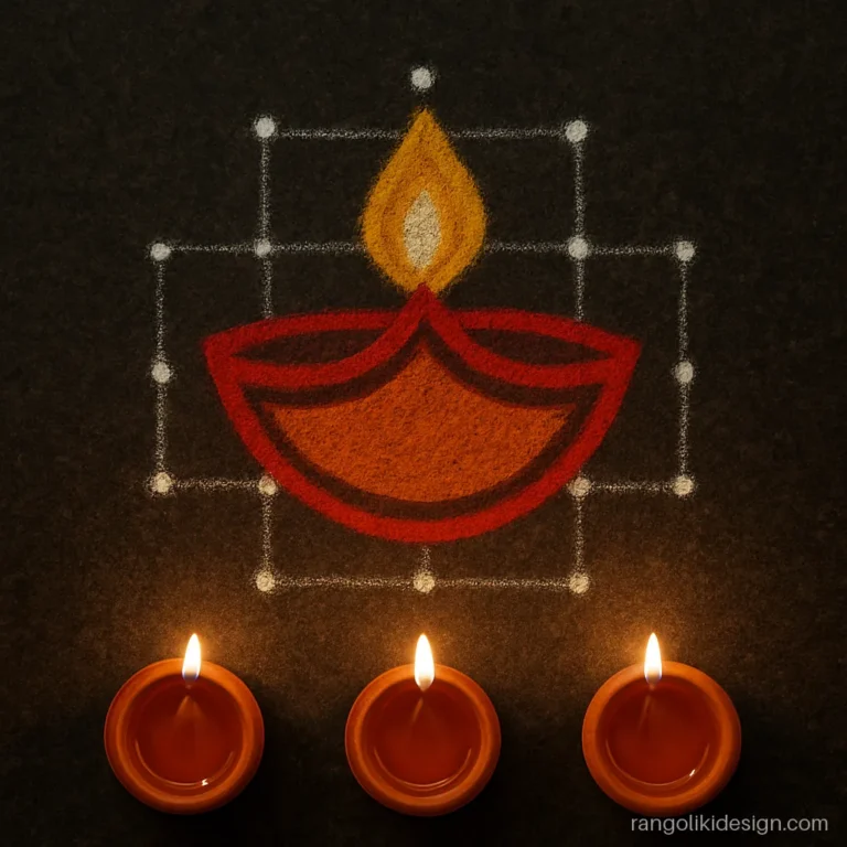 Simple dot rangoli design of a diya made on a 7 by 4 grid