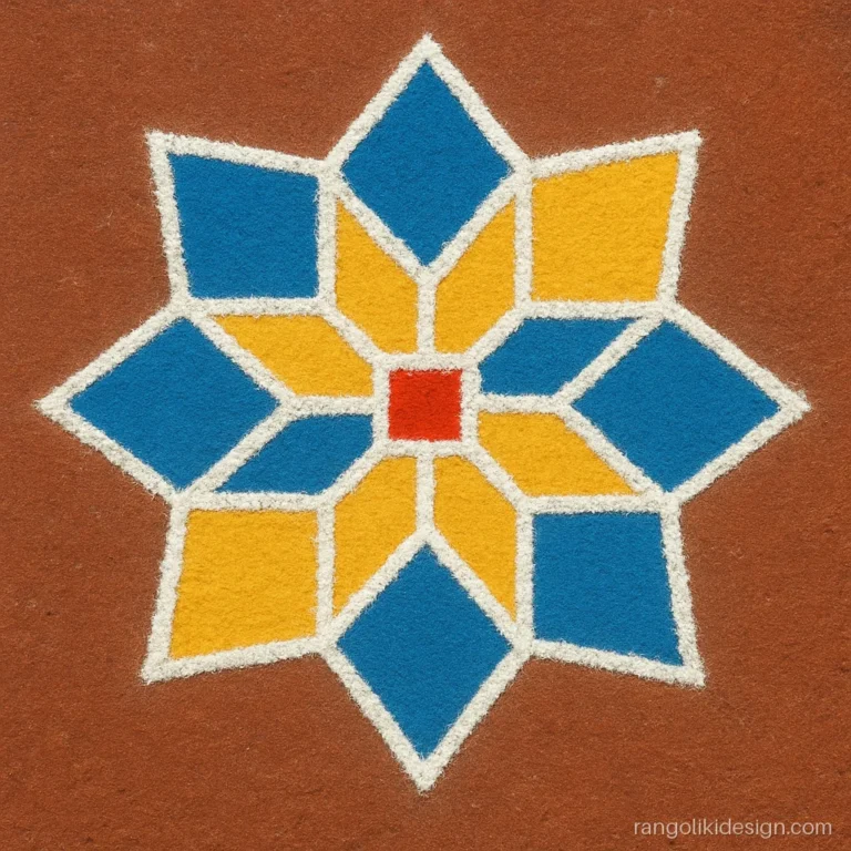Simple rangoli design with dots forming an eight-point star on a 9 by 5 grid