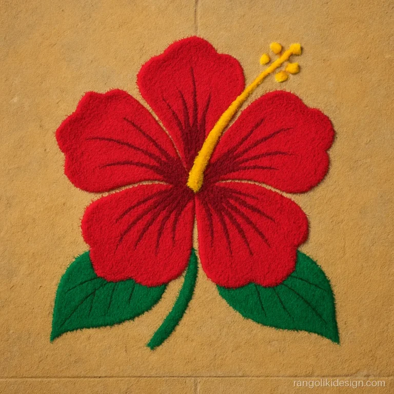 Simple rangoli design of a red hibiscus flower with a yellow stamen line