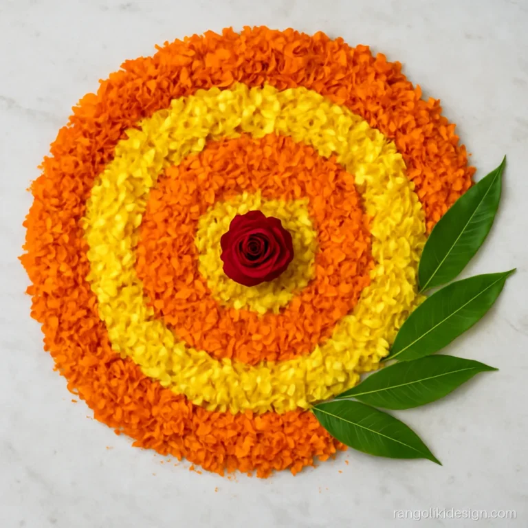 Simple flower rangoli design with real marigold petals in a round shape