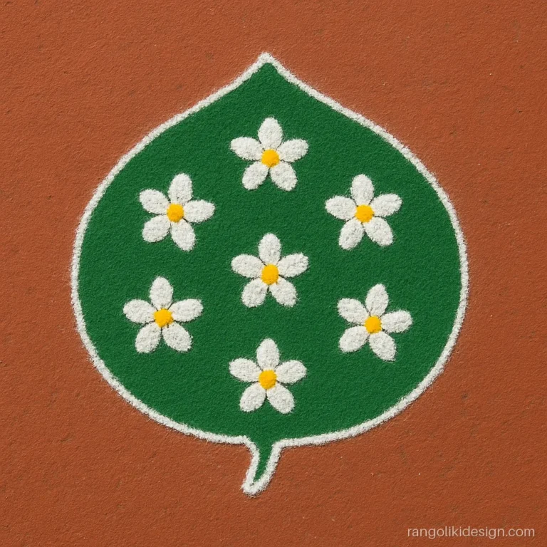 Plain rangoli design of small white flowers on a green leaf base