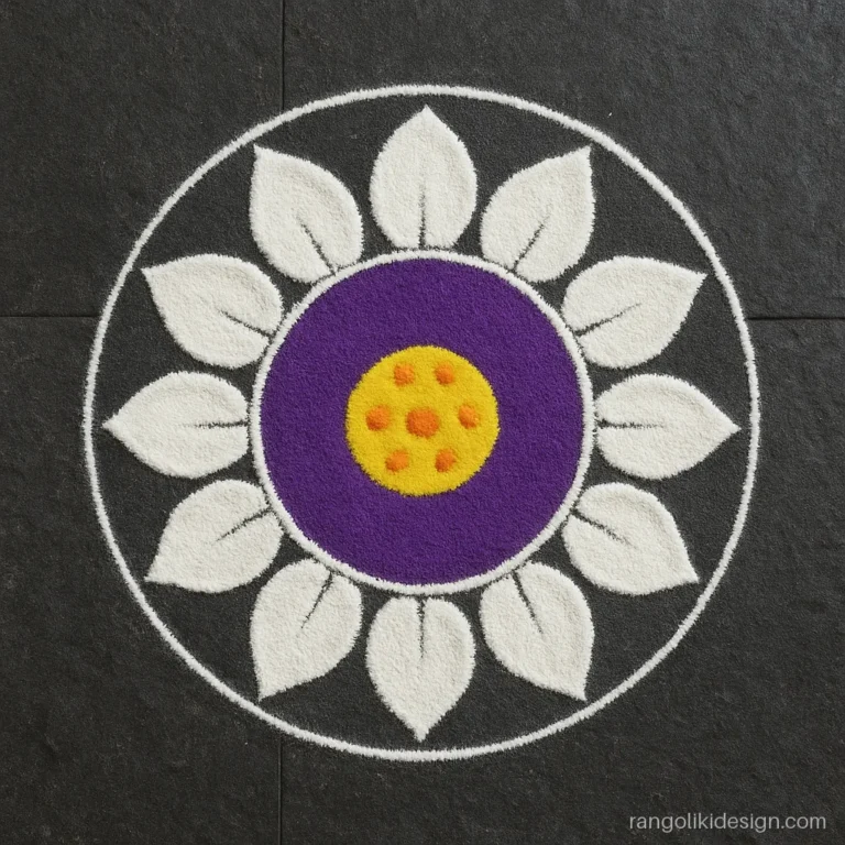 Simple and elegant rangoli design of a white daisy made with a spoon