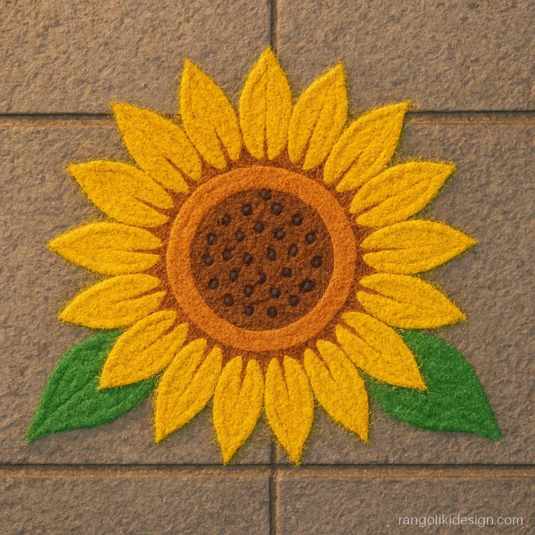 Simple elegant rangoli design of a sunflower in two shades of yellow