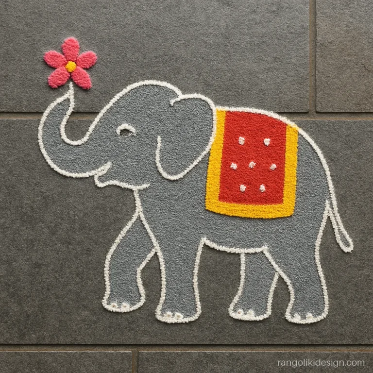 Simple free hand rangoli of a cute elephant outline with a flower