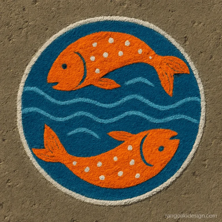 Simple free hand rangoli of two fish swimming in a circle