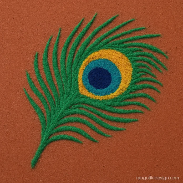 Simple free hand rangoli design of a single peacock feather