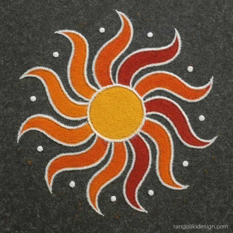 Simple free hand rangoli design of swirling sun rays