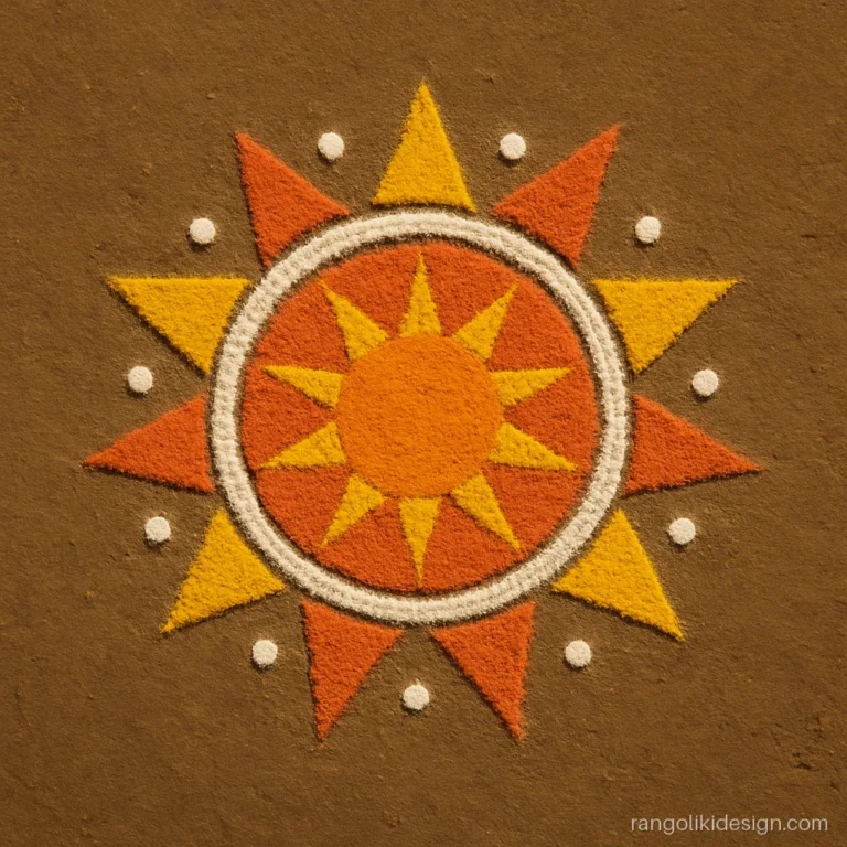Simple sun rangoli design for the home aangan in orange and yellow