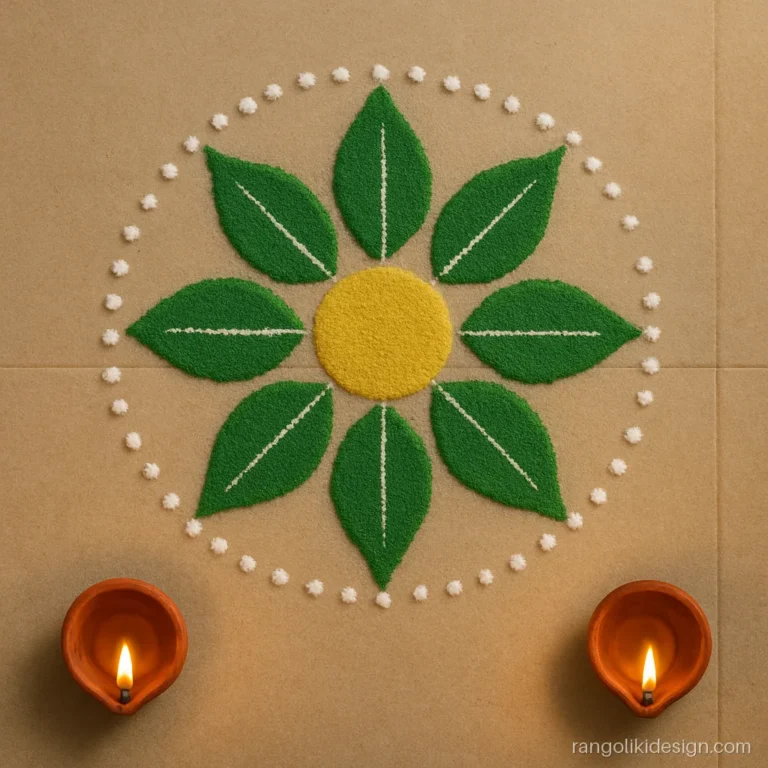 Simple rangoli design for home balcony with a ring of green leaves