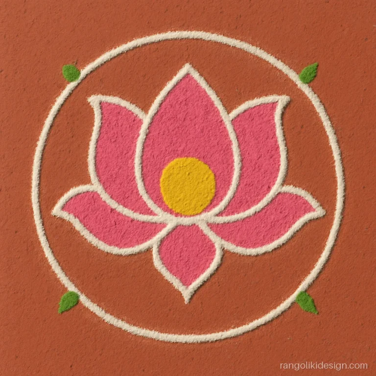 Simple rangoli design for home with a four-petal pink lotus at the main door