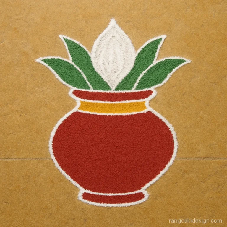 Simple rangoli design of a kalash with mango leaves for the pooja room