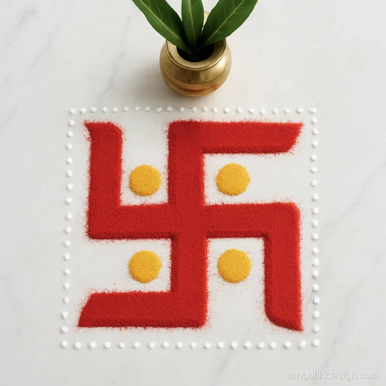 Simple rangoli for home with a red swastik and haldi dots in the corners