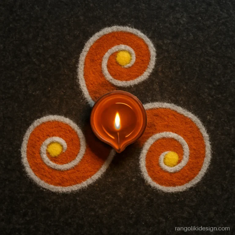 Small simple rangoli swirl beside a lit clay diya
