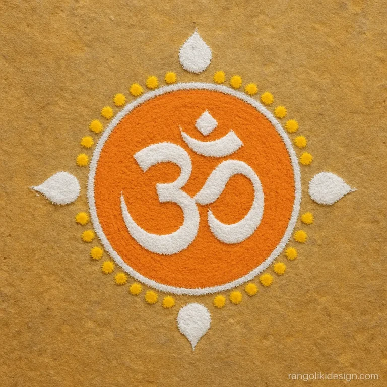 Small simple rangoli with an Om symbol inside a saffron circle
