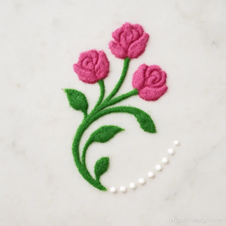 Small simple rangoli design of three pink buds on one stem