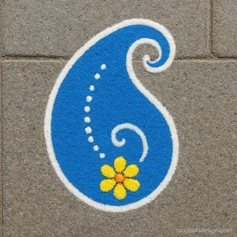 Small simple rangoli with a blue paisley on a stair step