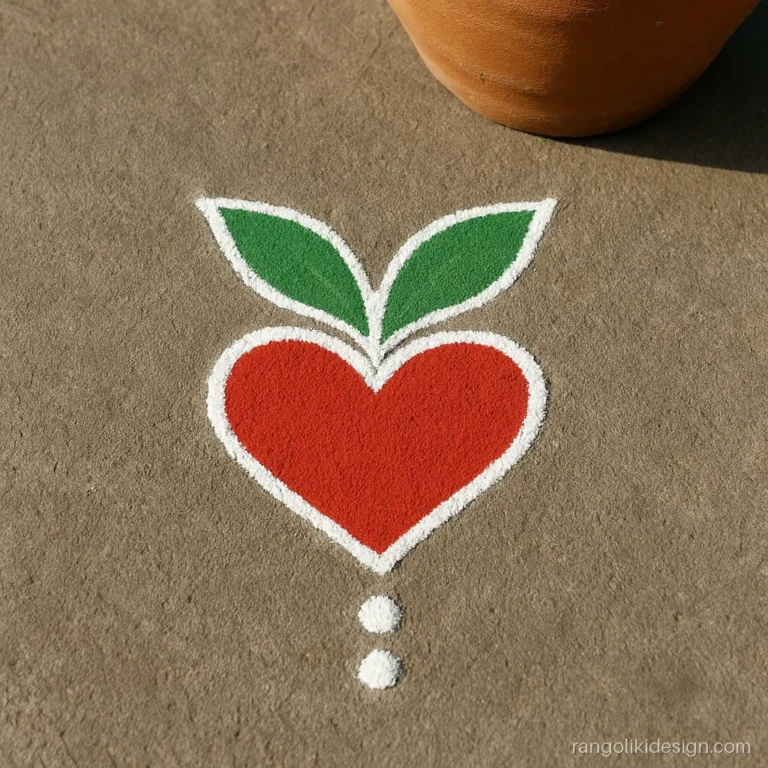Small simple rangoli design of a heart shape near a tulsi pot