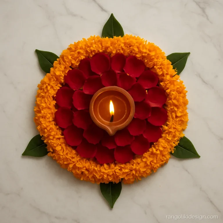 Small rangoli design for Diwali with a diya on rose petals