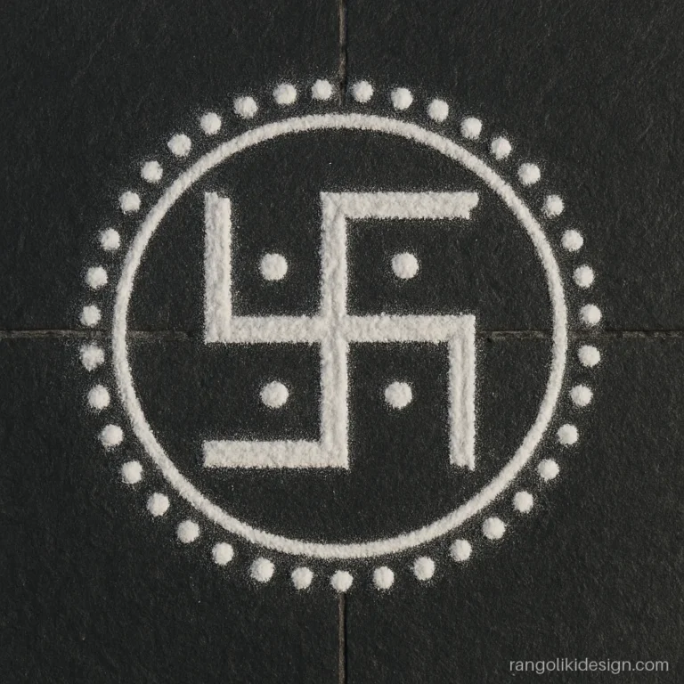 Small rangoli design for the door step with a white rice flour swastik