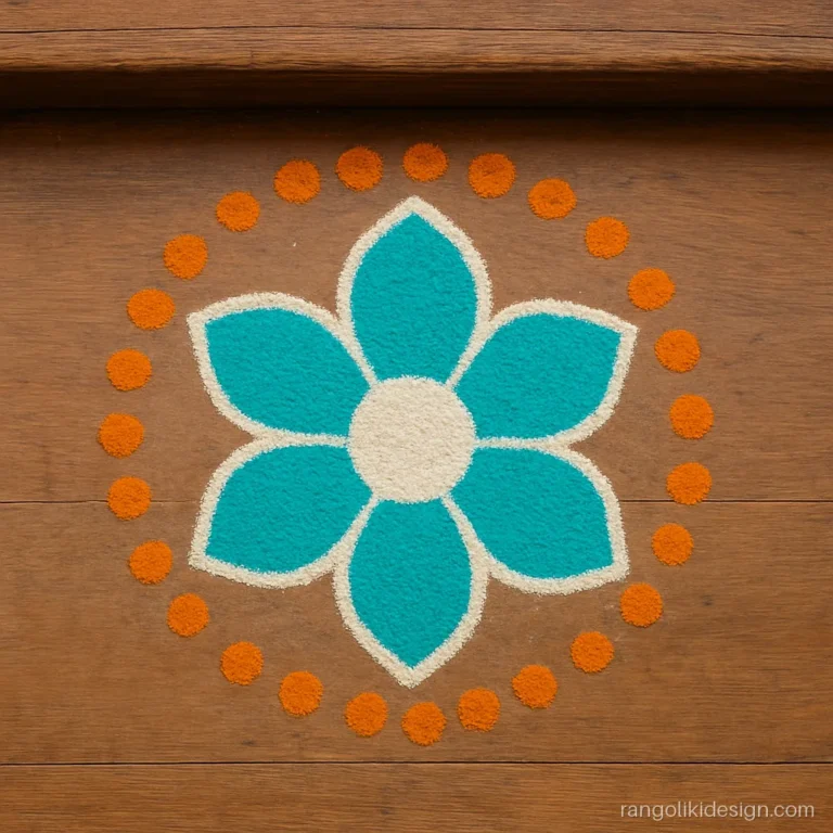 Small half rangoli at the threshold with a half flower