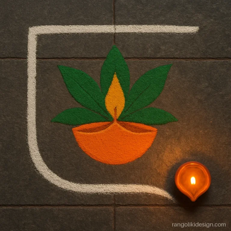 Small rangoli design for door corner with a diya and leaves