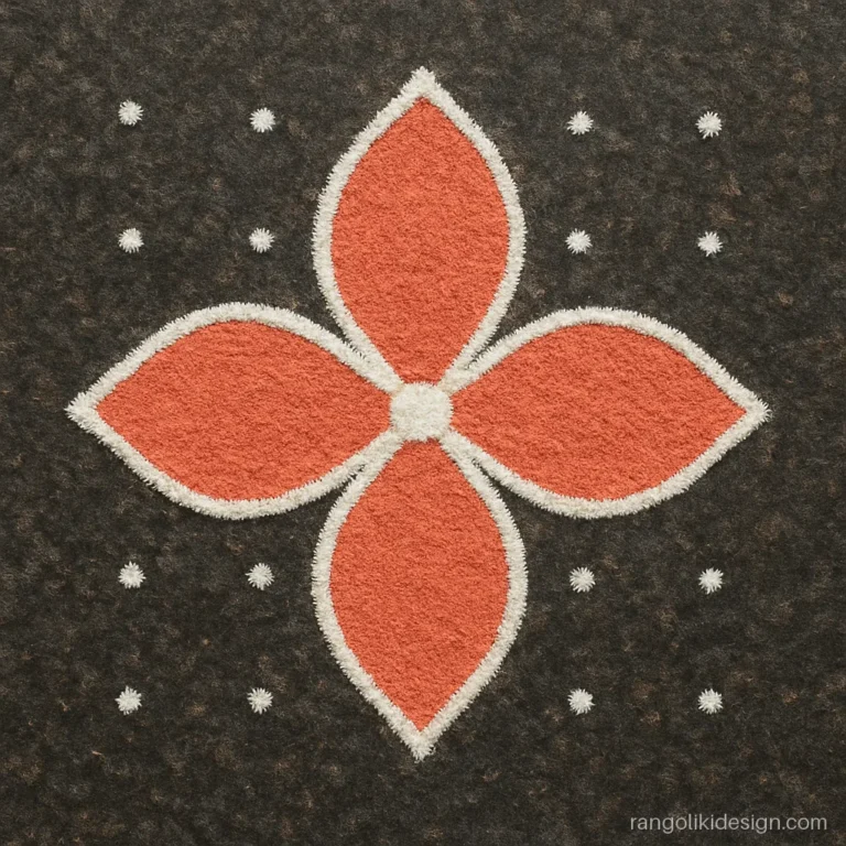 Easy small rangoli design of a flower on a 3 to 1 dot grid