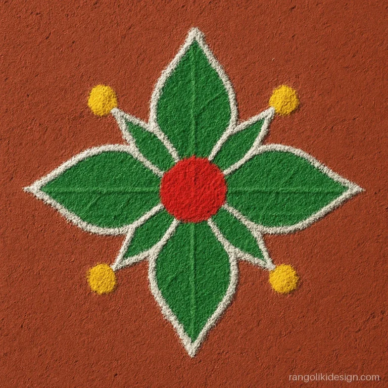 Small simple rangoli with dots on a 5 to 3 grid making a leaf star