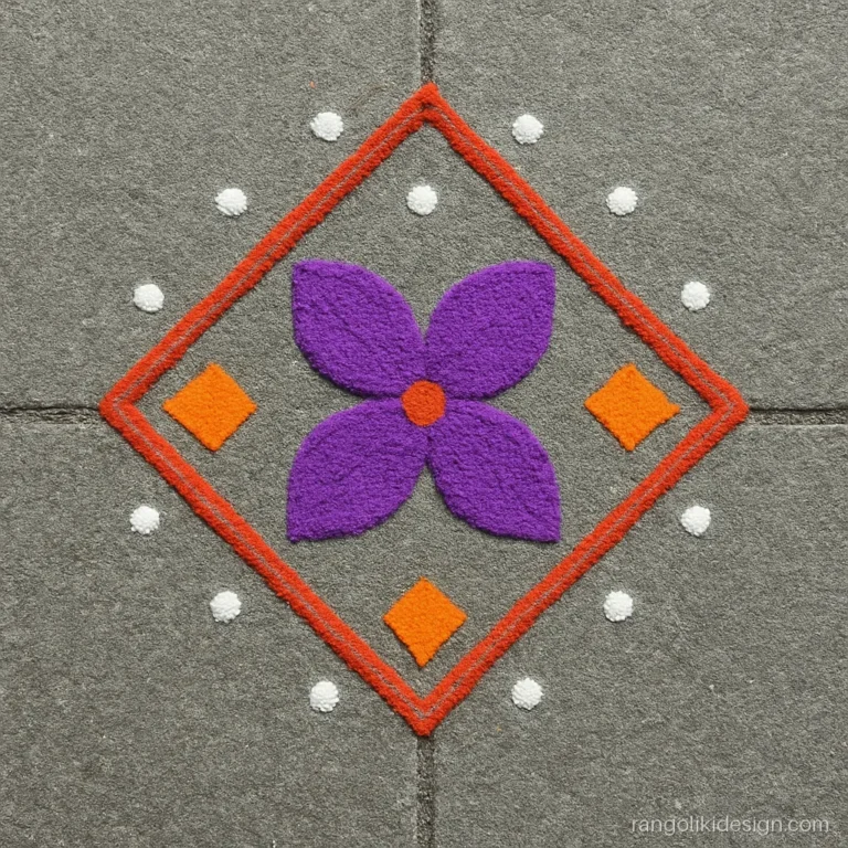 Small rangoli with dots on a 9 to 5 grid making a diamond flower