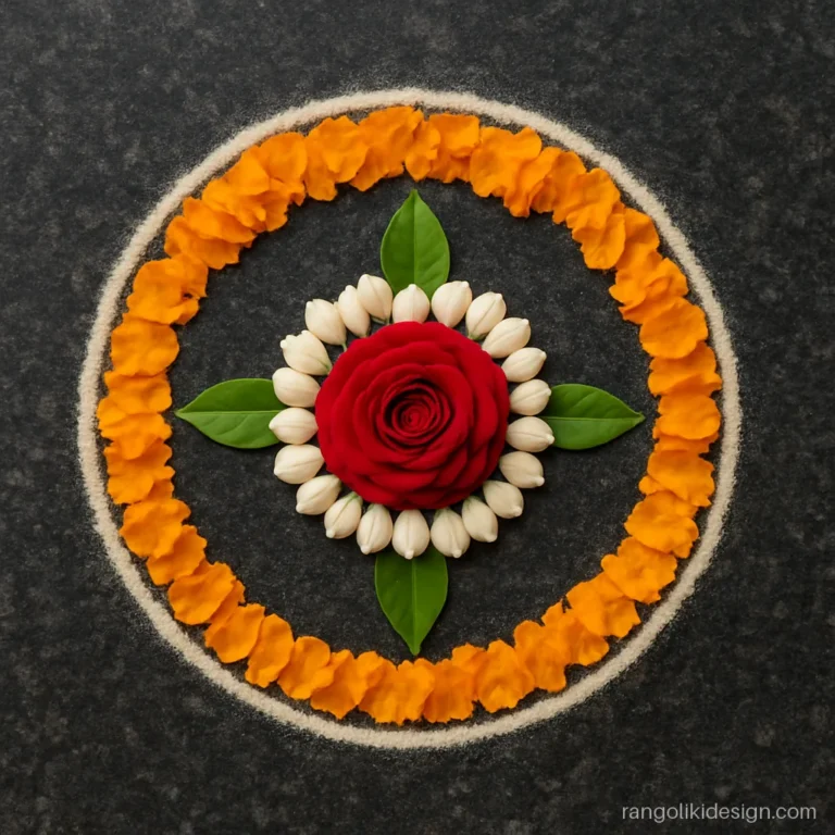 Small flower rangoli of jasmine buds around a rose