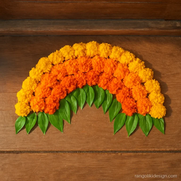 Small half rangoli of marigold petals in a half moon
