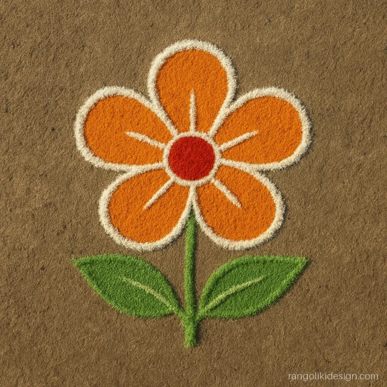 Small rangoli design of an orange five-petal flower with leaves