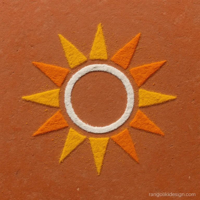 Small rangoli for home with a tiny sun around an incense stand