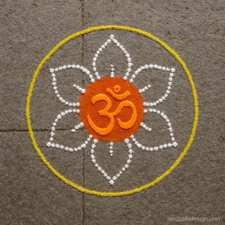Small rangoli for the home mandir with an Om and dotted petals