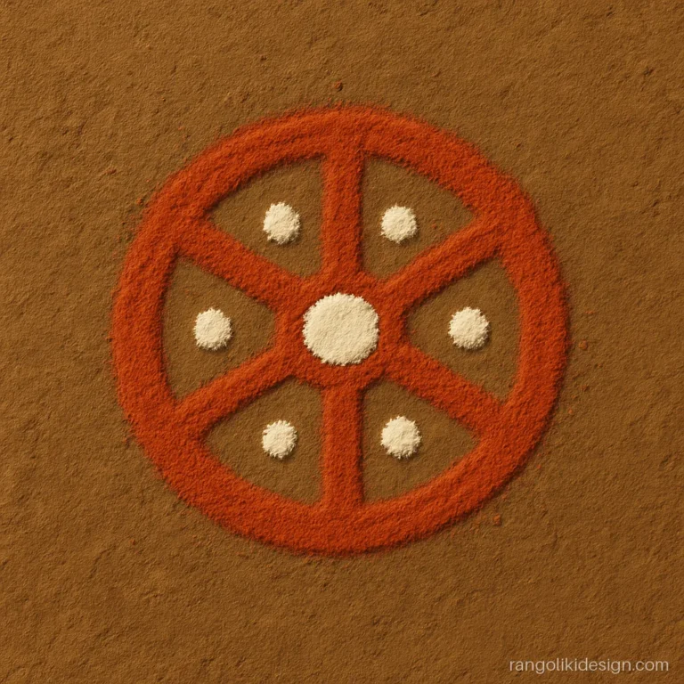 Very small rangoli design of a gerua chakra on a mud floor