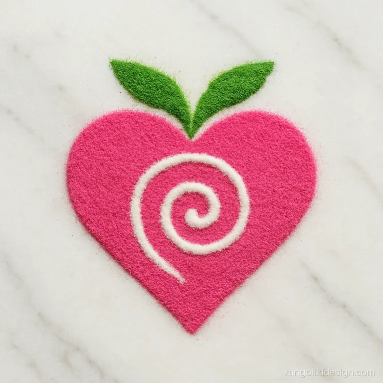 Mini rangoli design of a pink heart with a swirl