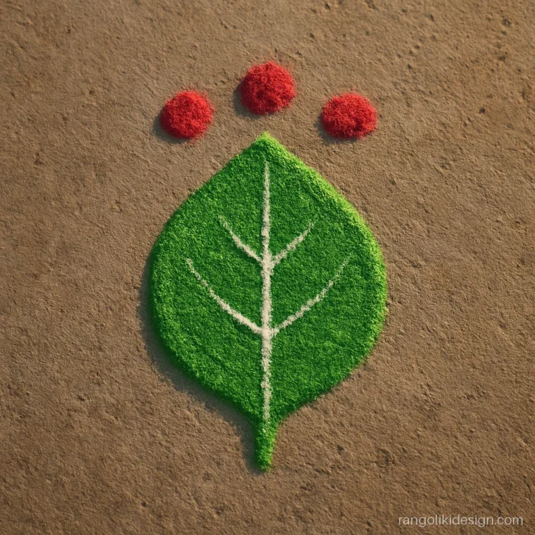 Very small rangoli of three dots and a leaf