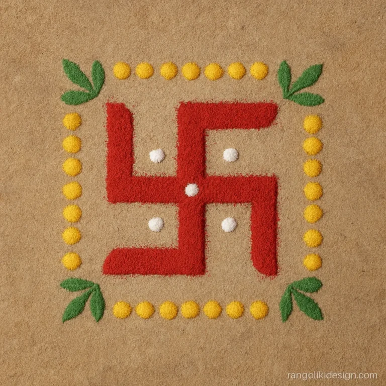 Small simple rangoli with a swastik in a square for the pooja chowki