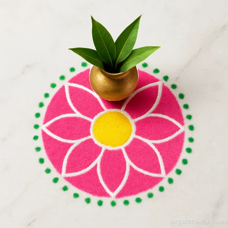 Small rangoli design for home pooja corner with a lotus under a kalash